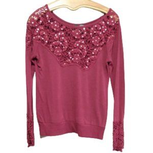 BKE Boutique Maroon Pull Over Crocheted Neck Top S